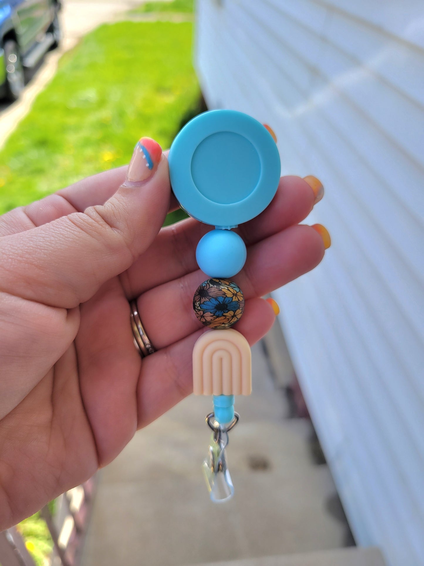 Tan Rainbow Beaded Badge Reel